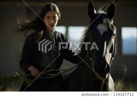 Tatar Mongols: nomadic warriors and conquerors, cultural legacy, military prowess, Eurasian steppes strength, traditional attire, resilience and the spirit of the historic nomadic lifestyle. 119167712