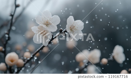 Winter first touch: early frost, snow transforming nature blooming green into serene early winter scene, showcasing delicate balance between season fresh chill, last traces of verdant life. Winter first touch: early frost, snow transforming nature blooming green into serene early winter scene, showcasing delicate balance between season fresh chill, last traces of verdant life. 119167716