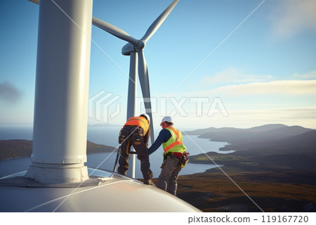 Renewable energy maintenance: skilled workers servicing wind turbine against backdrop of a majestic landscape, dedication, expertise required to sustain clean energy solutions in harmony with nature. Renewable energy maintenance: skilled workers servicing wind turbine against backdrop of a majestic landscape, dedication, expertise required to sustain clean energy solutions in harmony with nature. 119167720