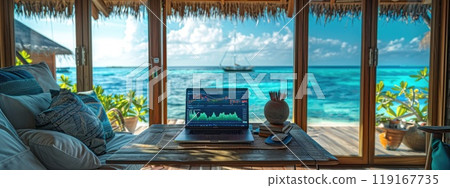 Wealthy crypto: a stock chart laptop in a luxury flat in a resort town, concept of crypto earnings, highlighting fusion of digital wealth accumulation and upscale lifestyle idyllic resort settings. 119167735