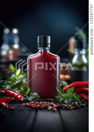 Flavor burst: tantalizing hot sauce elegantly presented in glass container, surrounded by fresh peppers, aromatic spices, highlighting perfect blend of heat, taste for culinary enthusiasts. 119167737