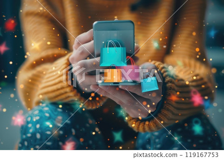 Digital buyer: customer engaging in social media shopping via mobile phone, fusion of social networking with e-commerce, emphasizing ease, accessibility, contemporary shopping landscape. Digital buyer: customer engaging in social media shopping via mobile phone, fusion of social networking with e-commerce, emphasizing ease, accessibility, contemporary shopping landscape. 119167753