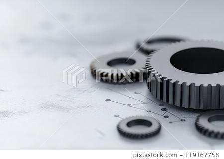 Data Dynamics: Mechanical gears and gear systems visualized through interconnected lines, dots, big data graphics with copy space for impactful banner, presentation Data Dynamics: Mechanical gears and gear systems visualized through interconnected lines, dots, big data graphics with copy space for impactful banner, presentation 119167758