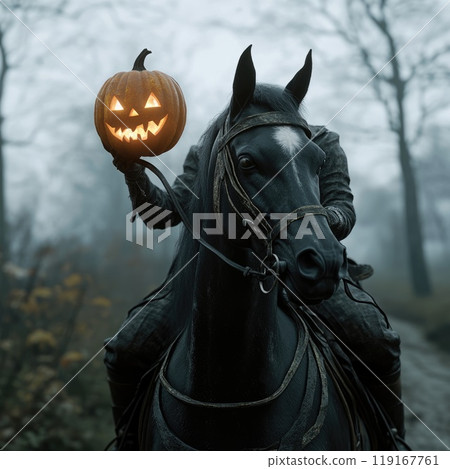 Dark horseman: an ominous rider on a black steed, gripping a fiery pumpkin as he charges through a Halloween landscape, embodying the chilling atmosphere of the holiday with dark, supernatural flair. Dark horseman: an ominous rider on a black steed, gripping a fiery pumpkin as he charges through a Halloween landscape, embodying the chilling atmosphere of the holiday with dark, supernatural flair. 119167761