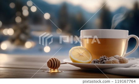 Winter delight: aesthetics of steaming cup of hot drink against stunning winter backdrop, showcasing serene and comforting atmosphere of enjoying warming beverage on picturesque day. 119167764
