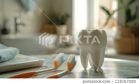 Comprehensive oral care: toothbrush cleaning teeth, importance of dental hygiene, focus on maintaining healthy gums, bright smile through proper brushing techniques, routine care. Comprehensive oral care: toothbrush cleaning teeth, importance of dental hygiene, focus on maintaining healthy gums, bright smile through proper brushing techniques, routine care. 119167889