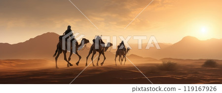 Journey through the desert: caravan of camels advancing steadily across barren landscape, evoking spirit of ancient trade, cultural exchange amidst unforgiving beauty of sand and sky. Journey through the desert: caravan of camels advancing steadily across barren landscape, evoking spirit of ancient trade, cultural exchange amidst unforgiving beauty of sand and sky. 119167926