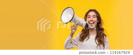 Vibrant promotion - smiling young woman announcing sale offers with megaphone against single colour background, perfect for banner or with ample copy space for text, capturing attention and excitement 119167929