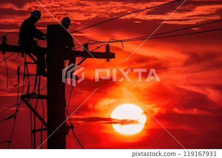 Tireless service: men working on electricity pole, experienced workers addressing breakdown in the electricity supply, ensuring restoration of power, labour day with dedication and expertise. 119167931