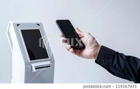 Digital transaction: cashless payment with credit card, phone, nfc, streamlining process for seamless purchases, secure financial interactions, enhancing convenience in everyday transactions. 119167933