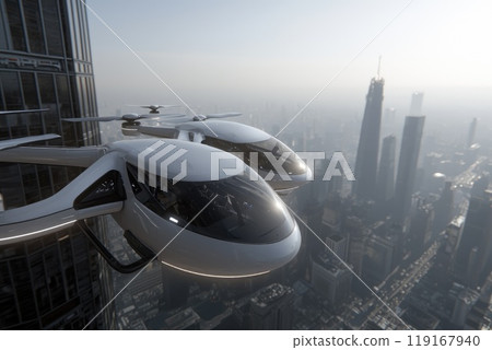 Futuristic transit center: A high-tech hub showcasing autonomous cars and drones in a sleek, modern cityscape with tall skyscrapers and advanced transportation systems. Futuristic transit center: A high-tech hub showcasing autonomous cars and drones in a sleek, modern cityscape with tall skyscrapers and advanced transportation systems. 119167940