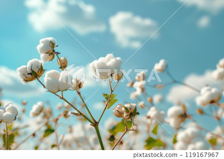 Bountiful harvest: cotton field plantation, portraying rows of cotton plants under clear sky, emphasizing importance of agriculture in textile production, serene beauty of rural life. 119167967