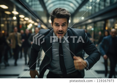 Corporate race - a businessman running, embodying concept of fast work and corporate lifestyle, illustrating demands of modern life and pursuit of business success in a dynamic world. 119167973