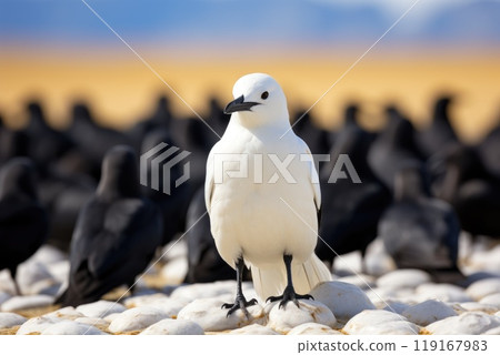 Uncommon sight - a white crow in a flock of black crows, illustrating the concept of uniqueness and originality, celebrating individuality and the power of being different in a uniform society. 119167983