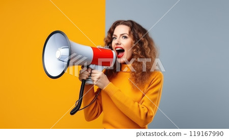 Dynamic announcement - smiling young woman with megaphone promoting sale offers on single colour background, ideal for banner design or with space for text, emphasizing enthusiasm and engagement Dynamic announcement - smiling young woman with megaphone promoting sale offers on single colour background, ideal for banner design or with space for text, emphasizing enthusiasm and engagement 119167990