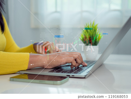 Businesswoman is showing a growing virtual hologram of analytics dashboard with charts, Stock market, Business growth, Progress or success concept, Invest in trading, Finance, Sales, Marketing. 119168053