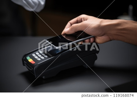 Digital transaction: cashless payment with credit card, phone, nfc, streamlining process for seamless purchases, secure financial interactions, enhancing convenience in everyday transactions. Digital transaction: cashless payment with credit card, phone, nfc, streamlining process for seamless purchases, secure financial interactions, enhancing convenience in everyday transactions. 119168074