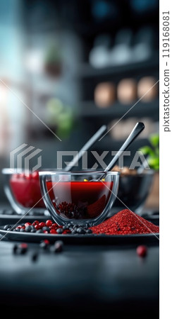 Flavor burst: tantalizing hot sauce elegantly presented in glass container, surrounded by fresh peppers, aromatic spices, highlighting perfect blend of heat, taste for culinary enthusiasts. 119168081