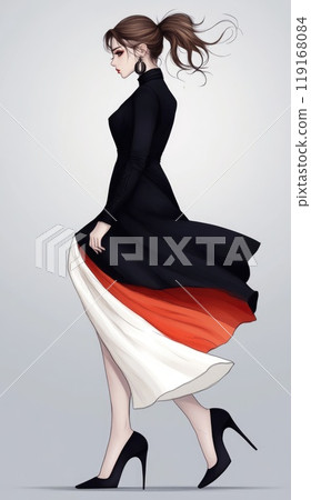 Elegant sophistication: Fashion model portrayed in luxurious, detailed dress, illustrating blend of extravagance and beauty, capturing the essence of high fashion with sophisticated grace and style. 119168084
