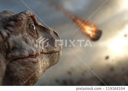 Cosmic collision: the fall of an asteroid with its fragments, depicting the destruction and chaos unleashed upon dinosaurs, symbolizing the end of an era through powerful imagery of nature's force. 119168104