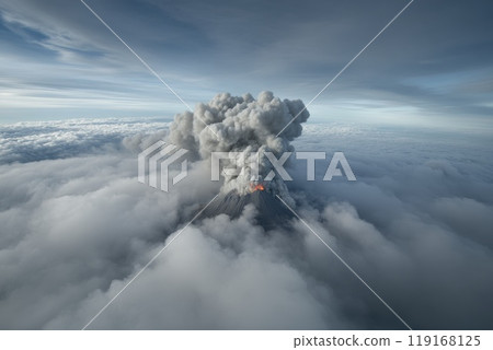 Volcanic Eruption: Dramatic display of lava flowing from active volcano, intense natural forces, fiery landscape of volcanic activity, illustrating the raw power of Earth's geology. Volcanic Eruption: Dramatic display of lava flowing from active volcano, intense natural forces, fiery landscape of volcanic activity, illustrating the raw power of Earth's geology. 119168125