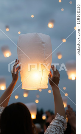 Lantern festival joy: Celebrating vibrant lantern festival with colorful lanterns illuminating night sky, showcasing traditional customs and festive spirit of cherished cultural event 119168136