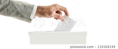Democratic act - hand placing ballot paper in ballot box for voting, capturing essence of election concept, highlighting significance of secret ballot, and illustrating the intense preelection race Democratic act - hand placing ballot paper in ballot box for voting, capturing essence of election concept, highlighting significance of secret ballot, and illustrating the intense preelection race 119168149