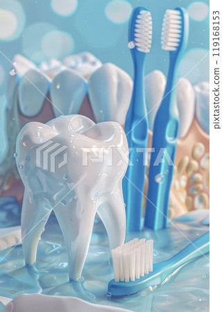 Comprehensive oral care: toothbrush cleaning teeth, importance of dental hygiene, focus on maintaining healthy gums, bright smile through proper brushing techniques, routine care. 119168153