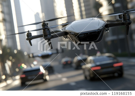 Futuristic transit center: A high-tech hub showcasing autonomous cars and drones in a sleek, modern cityscape with tall skyscrapers and advanced transportation systems. 119168155