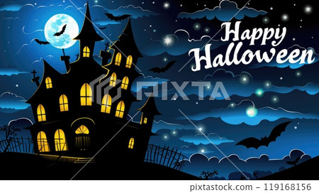 Ghoulish greetings: happy halloween text with empty banner space, perfect for crafting custom messages, surrounded by spooky decorations, essence of the halloween season and its festive charm. 119168156