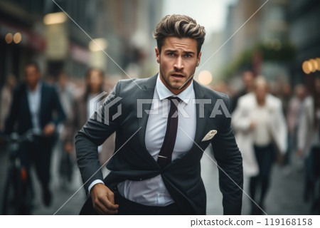 Corporate race - a businessman running, embodying concept of fast work and corporate lifestyle, illustrating demands of modern life and pursuit of business success in a dynamic world. Corporate race - a businessman running, embodying concept of fast work and corporate lifestyle, illustrating demands of modern life and pursuit of business success in a dynamic world. 119168158