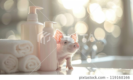 Adorable spa pig: cute and pampered pig enjoying relaxing spa treatments, a charming and delightful scene of animal wellness and indulgence, perfect for showcasing relaxation and cuteness 119168166