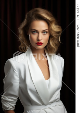Elegance beautiful woman in business suit, tuxedo for wedding, blending professionalism with timeless bridal chic, embodying grace, style, sophistication for stunning celebration or meeting 119168168