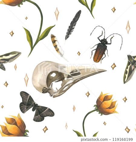 Skulls of a raven, butterfly, moth, beetle, bird feathers and flower. Seamless pattern watercolor illustration. Hand drawn, isolated on a white background 119168199