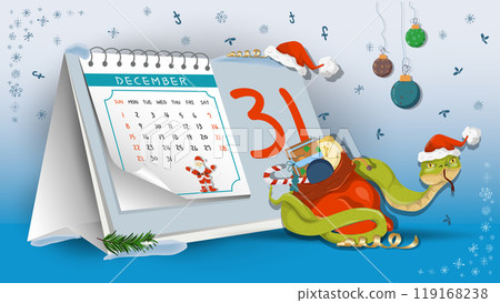 Illustration of the New Year and Christmas A snake wraps around a bag of gifts on a calendar background 119168238