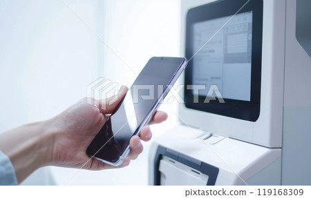 Digital transaction: cashless payment with credit card, phone, nfc, streamlining process for seamless purchases, secure financial interactions, enhancing convenience in everyday transactions. Digital transaction: cashless payment with credit card, phone, nfc, streamlining process for seamless purchases, secure financial interactions, enhancing convenience in everyday transactions. 119168309