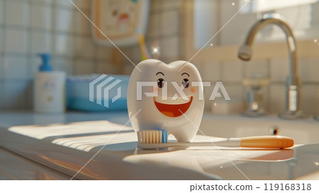Comprehensive oral care: toothbrush cleaning teeth, importance of dental hygiene, focus on maintaining healthy gums, bright smile through proper brushing techniques, routine care. 119168318