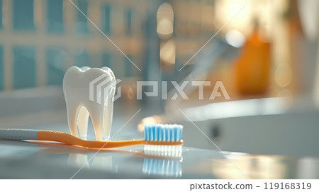 Essential dental hygiene: toothbrush and teeth in focus, significance of oral care, effective brushing for cavity prevention, overall mouth health, daily dental routines for radiant smile. 119168319