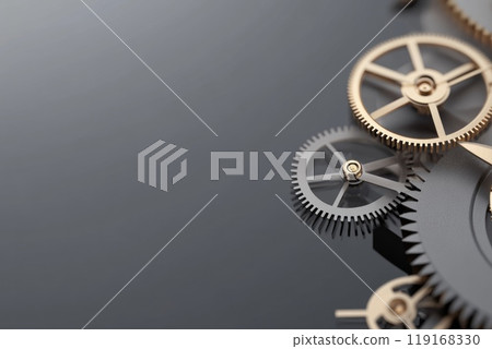 Data Dynamics: Mechanical gears and gear systems visualized through interconnected lines, dots, big data graphics with copy space for impactful banner, presentation 119168330