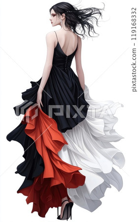 Elegant sophistication: Fashion model portrayed in luxurious, detailed dress, illustrating blend of extravagance and beauty, capturing the essence of high fashion with sophisticated grace and style. 119168332