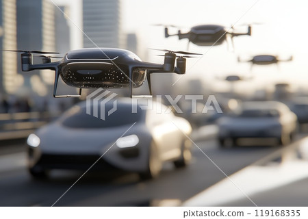 Futuristic transit center: A high-tech hub showcasing autonomous cars and drones in a sleek, modern cityscape with tall skyscrapers and advanced transportation systems. 119168335