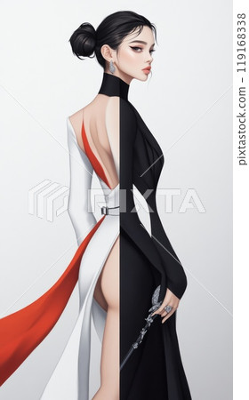 Fashion extravagance: Illustration of fashion model exuding sophistication in exquisite dress, extravagant beauty and refined elegance, embodying high couture, stunning visual appeal. 119168338