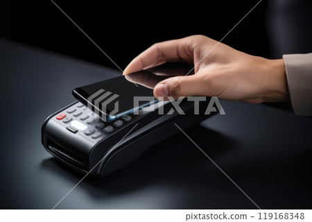 Digital transaction: cashless payment with credit card, phone, nfc, streamlining process for seamless purchases, secure financial interactions, enhancing convenience in everyday transactions. 119168348