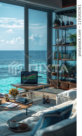 Crypto gains: a stock chart laptop in a luxury flat in a resort town, illustrating the concept of crypto earnings, blending modern investment strategies with luxurious living in scenic locales Crypto gains: a stock chart laptop in a luxury flat in a resort town, illustrating the concept of crypto earnings, blending modern investment strategies with luxurious living in scenic locales 119168361