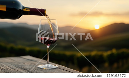 Rustic elegance: wine poured into glass on a wooden table, framed by stunning vineyard landscape with rolling hills and lush greenery, bathed in warm glow of a picturesque sunset. Rustic elegance: wine poured into glass on a wooden table, framed by stunning vineyard landscape with rolling hills and lush greenery, bathed in warm glow of a picturesque sunset. 119168372