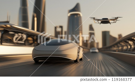 Autonomous transport nexus: A futuristic city hub featuring flying drones and self-driving cars against a backdrop of sleek skyscrapers and innovative urban design. 119168377