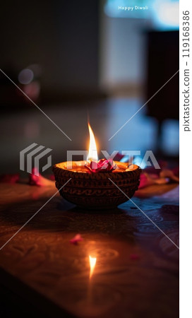 Joyous celebration: happy Diwali, colorful background suitable for banner, wallpaper, copy space, text, design, poster, card, flyer, greeting, showcasing festive spirit and cultural richness. 119168386