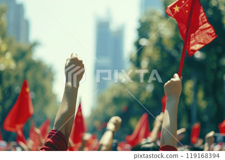 Vibrant festivities: people celebrate China independence day, showcasing joyful gatherings, cultural performances, national pride, unity with traditional activities, communal celebrations. 119168394