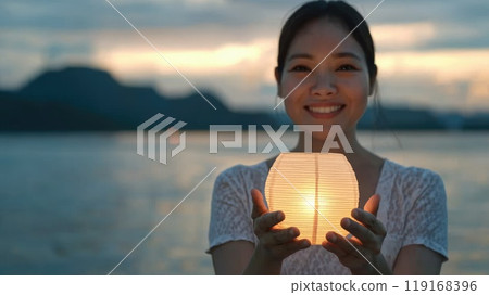 Glowing Yi Peng: A illuminated by floating lanterns, symbolizing hope and blessings during the vibrant lantern festival in Thailand, set against the backdrop of a serene evening celebration. 119168396