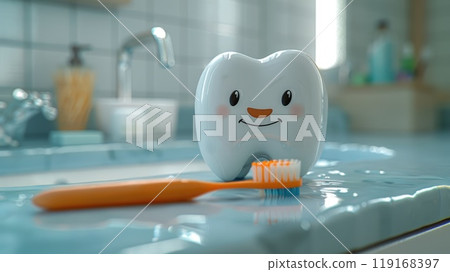 Comprehensive oral care: toothbrush cleaning teeth, importance of dental hygiene, focus on maintaining healthy gums, bright smile through proper brushing techniques, routine care. 119168397